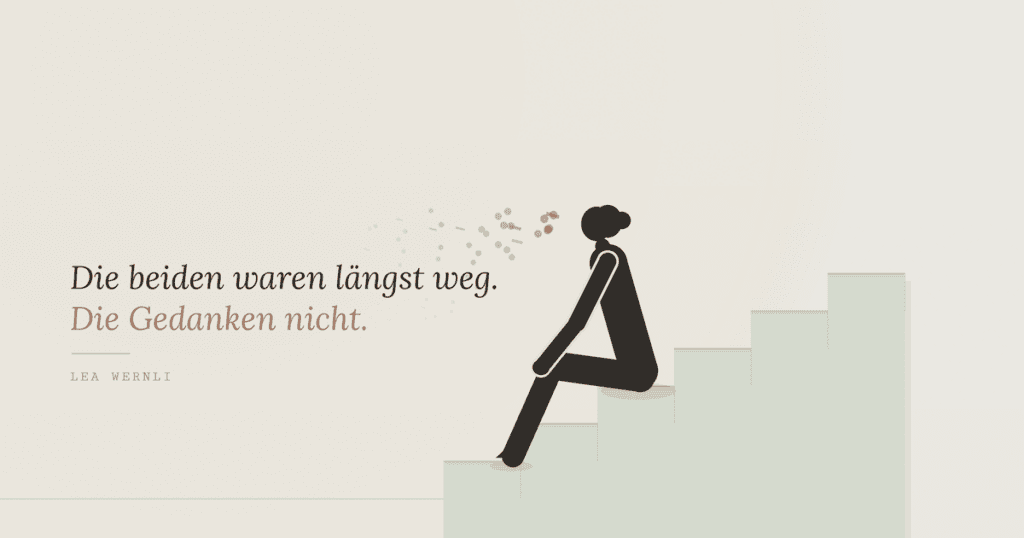 Frau sitzt allein auf einer Treppe, um sie herum schweben die Gedanken von vorhin