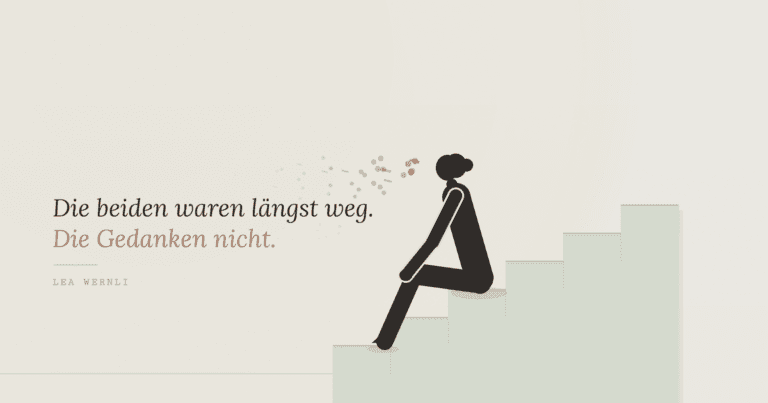 Frau sitzt allein auf einer Treppe, um sie herum schweben die Gedanken von vorhin