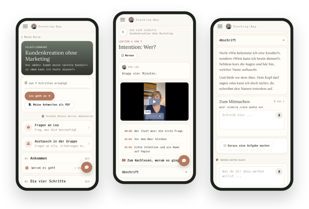 Leas App auf dem Handy: Kursübersicht, Lektion mit Video und Übung zum Mitschreiben